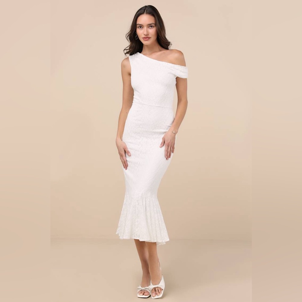 NWOT Lulus Nadie White Lace‎ One Shoulder Midi Dress XS Bridal